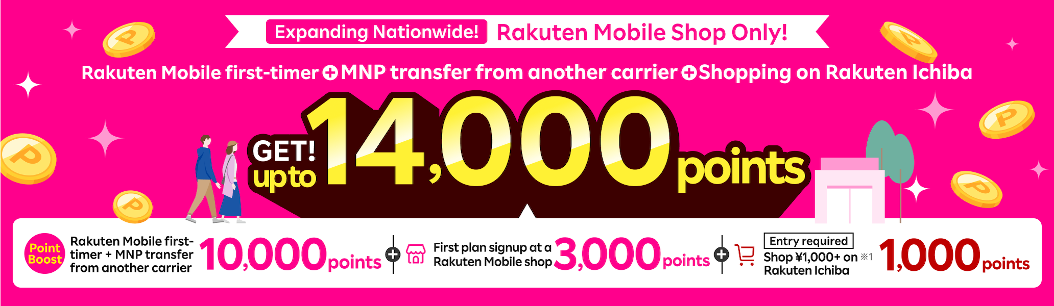 Rakuten Mobile first-timer + MNP transfer from another carrier + Shopping on Rakuten Ichiba=up to 14,000 points