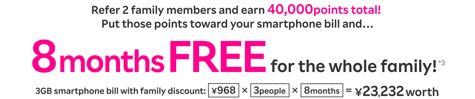 8 months FREE for the whole family! *33GB smartphone bill with family discount:¥968 × 3 people × 8 months = ¥23,232 worth