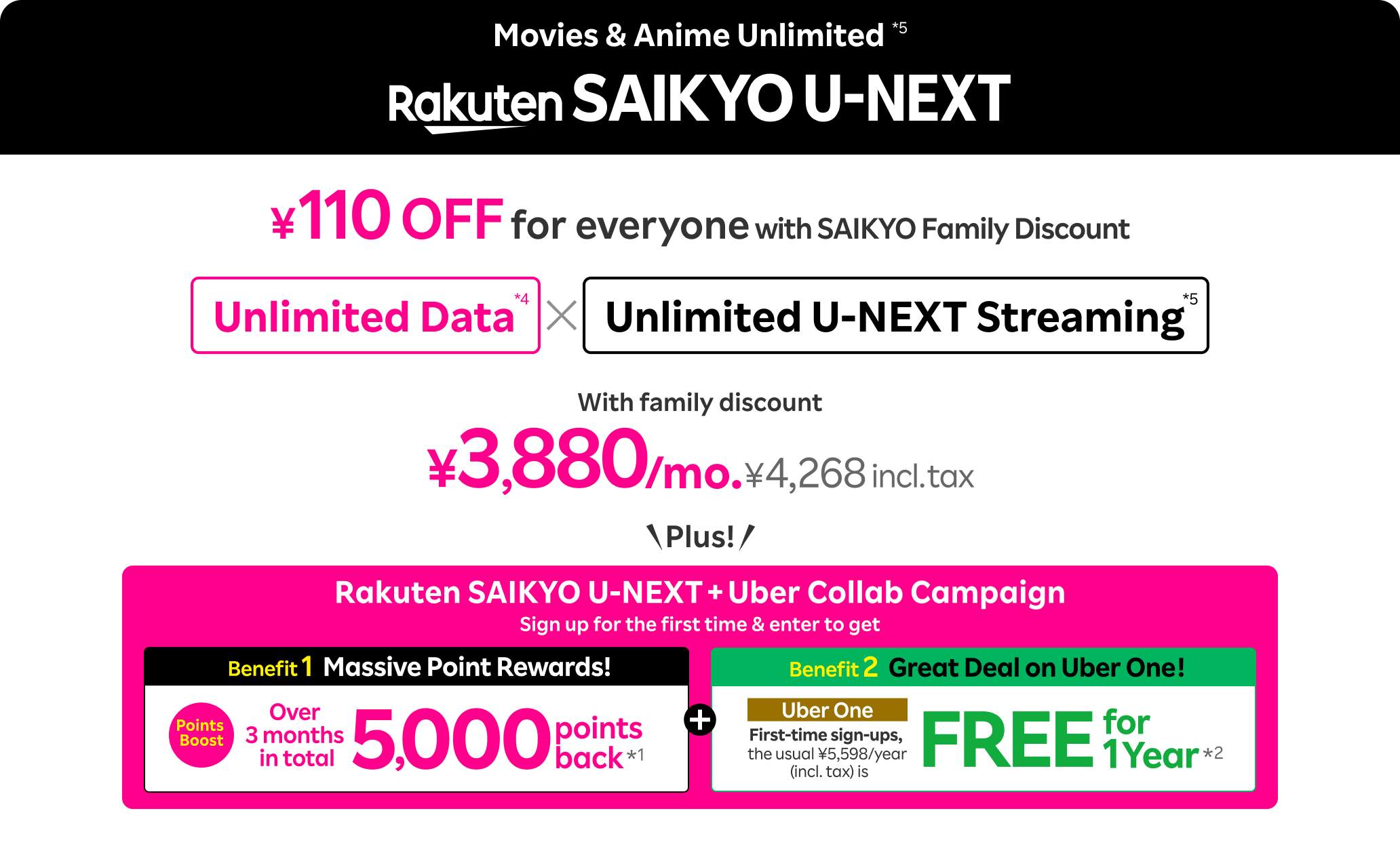 Rakuten SAIKYO U-NEXT, an unlimited data plan for streaming movies and anime non-stop! Rakuten SAIKYO U-NEXT + Uber collab campaign now on.