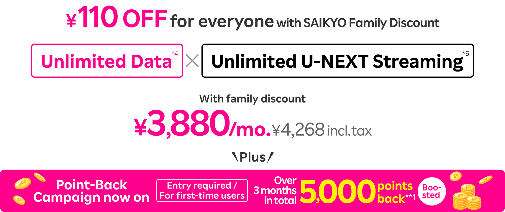 Rakuten SAIKYO U-NEXT: unlimited data plus unlimited movies and anime! Point-back campaign now on, 5,000 points back in total over 3 months.
