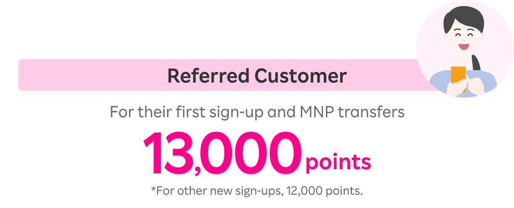 Referred Customer: 13,000 points for their first sign-up and MNP transfers. *For other new sign-ups, 12,000 points.