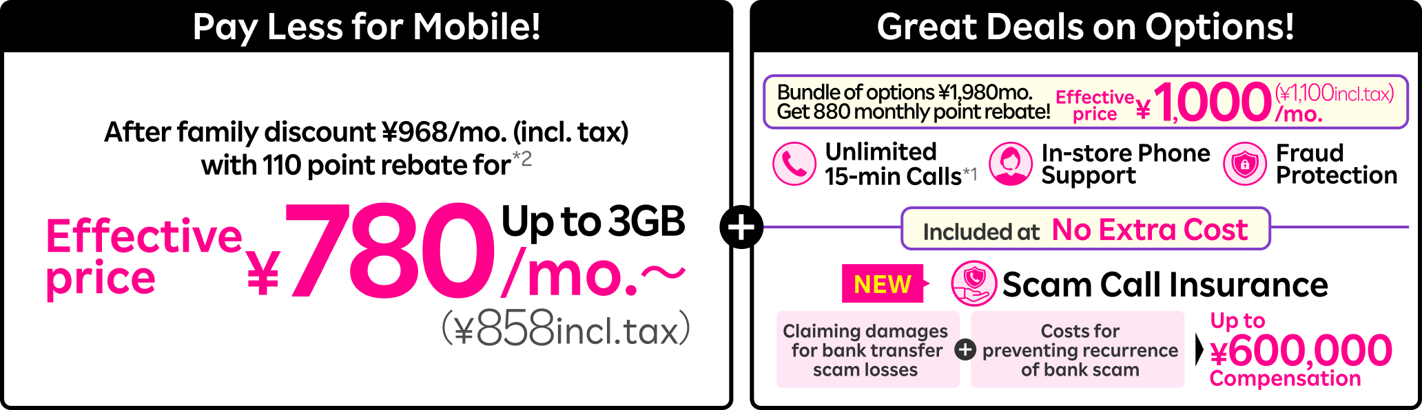 Pay Less for Mobile! After family discount ¥968/mo. (incl. tax) Effective price ¥780/mo.〜(¥858incl. tax)+Great Deals on Options! Bundle of options ¥1,980/mo. Get  880 monthly point rebate! Effective price ¥1,000(¥1,100incl. tax) Unlimited 15-min Calls In-store Phone Support Fraud Protection Included at No Extra Cost Scam Call Insurance Claiming damages for bank transfer scam losses+Costs for preventing recurrence of bank scam Up to ¥600,000 Compensation