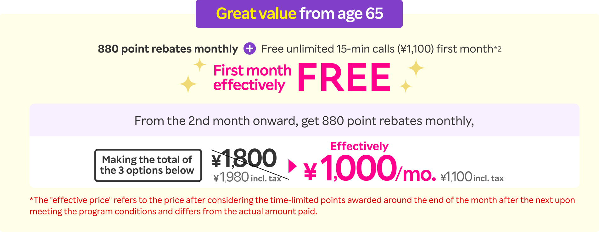 Great value from age 65. 880 point rebates monthly + Free unlimited 15-min calls (¥1,100) first month, First month effectively FREE! From the 2nd month onward, get 880 point rebates monthly, making the total of the 3 options ¥1,800 (¥1,980 incl. tax) effectively ¥1,000/mo. (¥1,100 incl. tax). *The'effective price' refers to the price after considering the time-limited points awarded around the end of the month after the next upon meeting the program conditions and differs from the actual amount paid. 