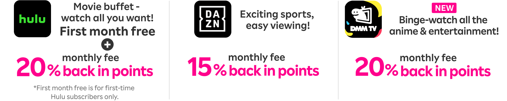 Hulu: Movie buffet - watch all you want! Enjoy first month free & get 20% of your monthly fee back in points.DAZN: Exciting sports, easy viewing! Get 15% of your monthly fee back in points.DMM Premium: Binge-watch all the anime & entertainment! Get 20% of your monthly fee back in points.