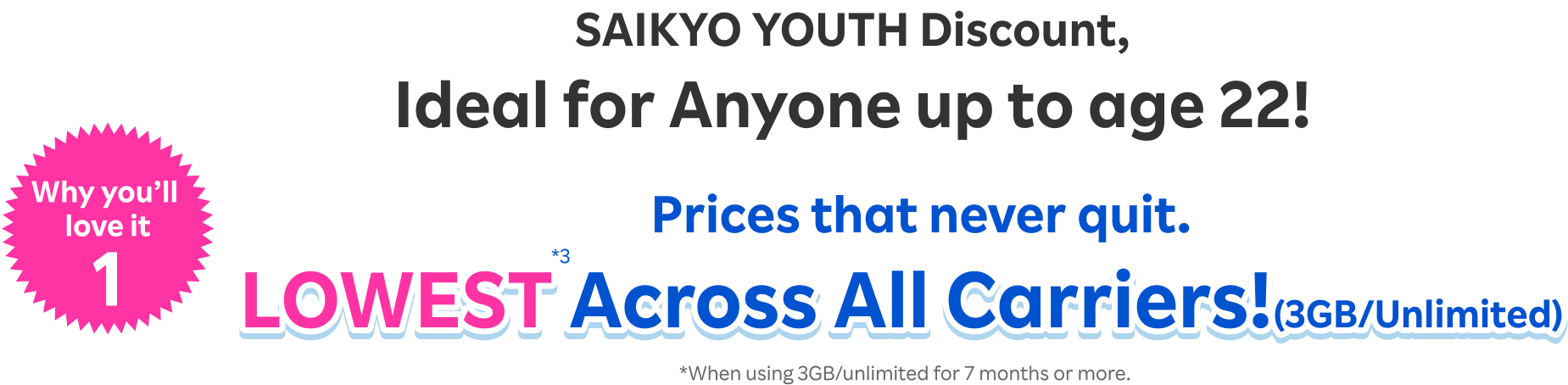 SAIKYO YOUTH Discount, Ideal for Anyone up to Age 22! Prices that never quit. LOWEST Across All Carriers (3GB/Unlimited)!