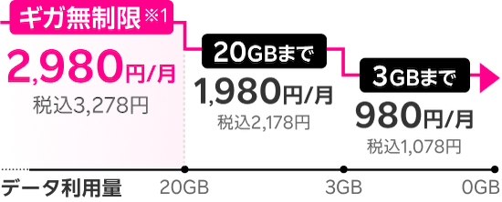 ギガ無制限※1 2,980円/月(税込3,278円)、20GBまで 1,980円/月(税込2,178円)、3GBまで 980円/月(税込1,078円)
