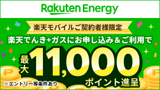 楽天モバイルご契約者様限定。楽天でんき＋ガスにお申し込み＆ご利用で最大11,000ポイント進呈。