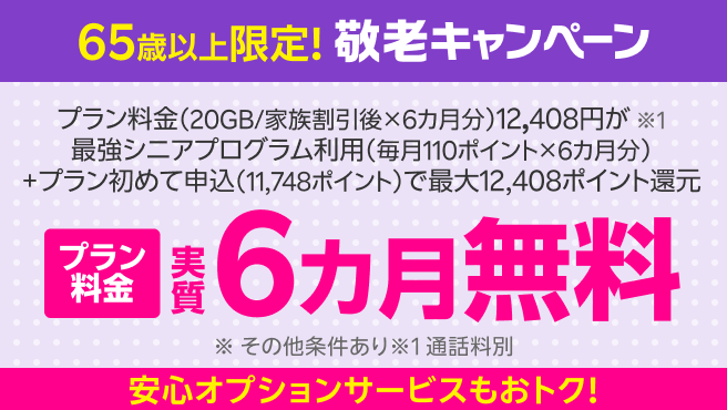 【要エントリー】65歳以上限定 敬老キャンペーン！「最強シニアプログラム」加入＆初めて申し込みでポイント還元、さらにオプションサービスもおトク！