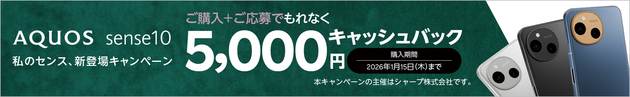 AQUOS sense10をご購入+ご応募で、もれなく5,000円キャッシュバック。購入期間は2026年1月15日(木)まで。本キャンペーンの主催はシャープ株式会社です。