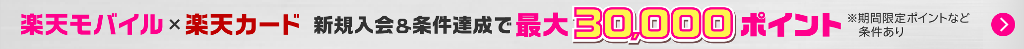 楽天モバイル初めてのお申し込みで 20,000ポイント 同時開催 楽天カード新規入会&1回利用で10,000ポイント ※期間限定ポイントなど条件あり