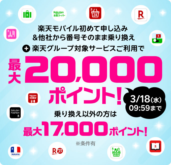 楽天モバイル初めて申し込み＆対象サービスご利用で最大20,000ポイント進呈！