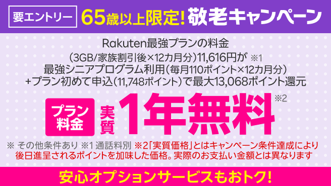 65歳以上限定 敬老キャンペーン!「最強シニアプログラム」加入&初めて申し込みでポイント還元、さらにオプションサービスもおトク!