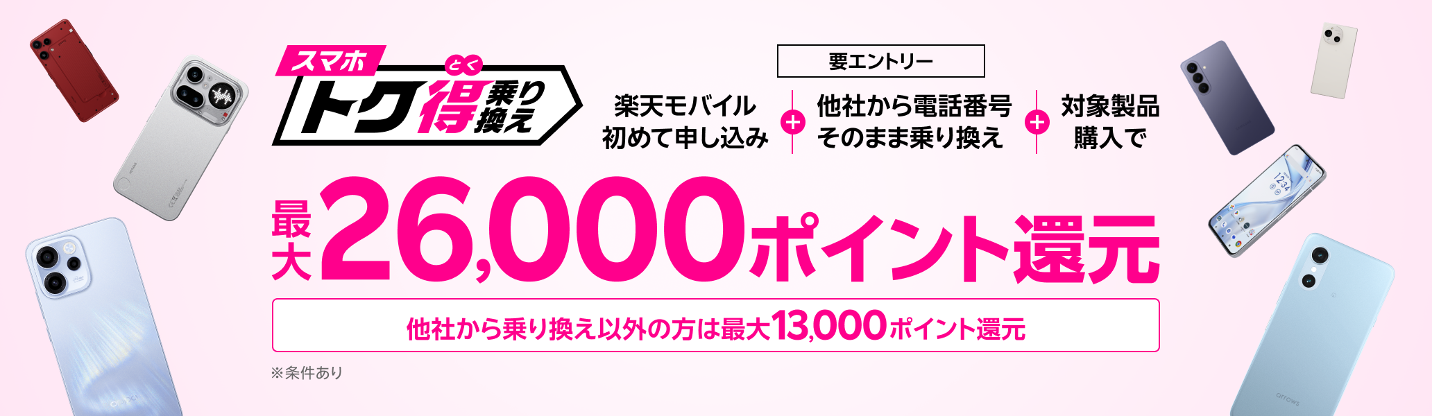 【要エントリー】楽天モバイルへ初めてお申し込み+他社から電話番号そのまま乗り換え+対象製品ご購入で最大26,000ポイント還元!!他社から乗り換え以外の方でも最大13,000ポイント還元中