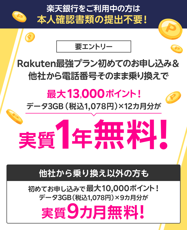 楽天銀行をご利用中の方は本人確認書類の提出不要! 要エントリー Rakuten最強プラン初めてのお申し込み&他社から電話番号そのまま乗り換えで 最大13,000ポイント! データ3GB(税込1,078円)×12カ月分が 実質1年無料! 他社から乗り換え以外の方も 初めてお申し込みでデータ3GB(税込1,078円)×9カ月分が最大10,000ポイント進呈で実質9カ月無料!