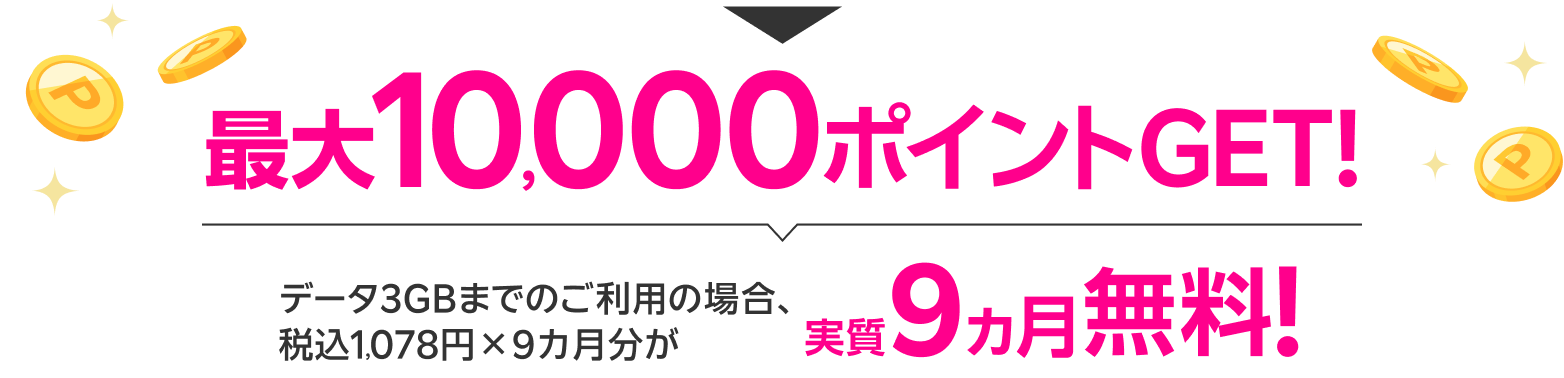 最大10,000ポイントGET！ データ3GBまでのご利用の場合、データ3GBまでのご利用の場合、税込1,078円×9カ月分が実質9カ月無料！