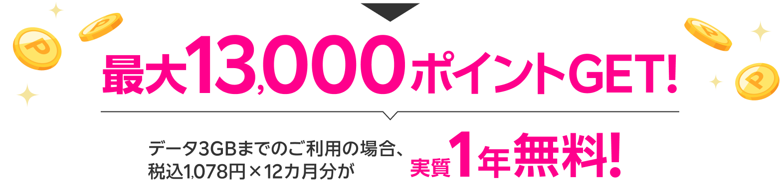 最大13,000ポイントGET！ データ3GBまでのご利用の場合、税込1,078円×12カ月分が実質1年無料！