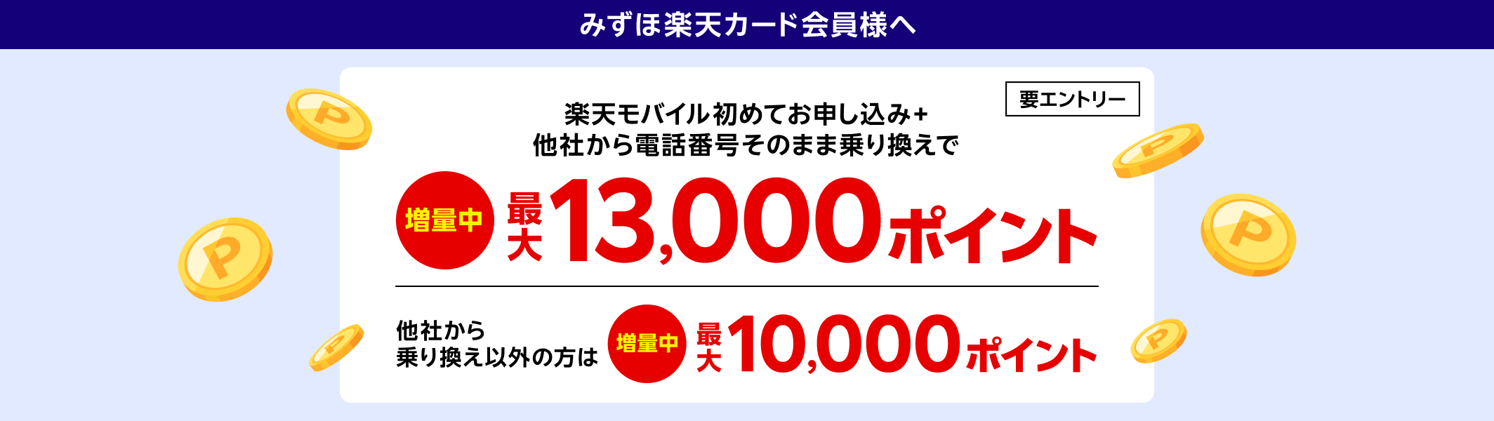 みずほ楽天カード会員様へ 要エントリー 楽天モバイル初めてお申し込み＋他社から電話番号そのまま乗り換えで最大13,000ポイント 他社から乗り換え以外の方は最大10,000ポイント