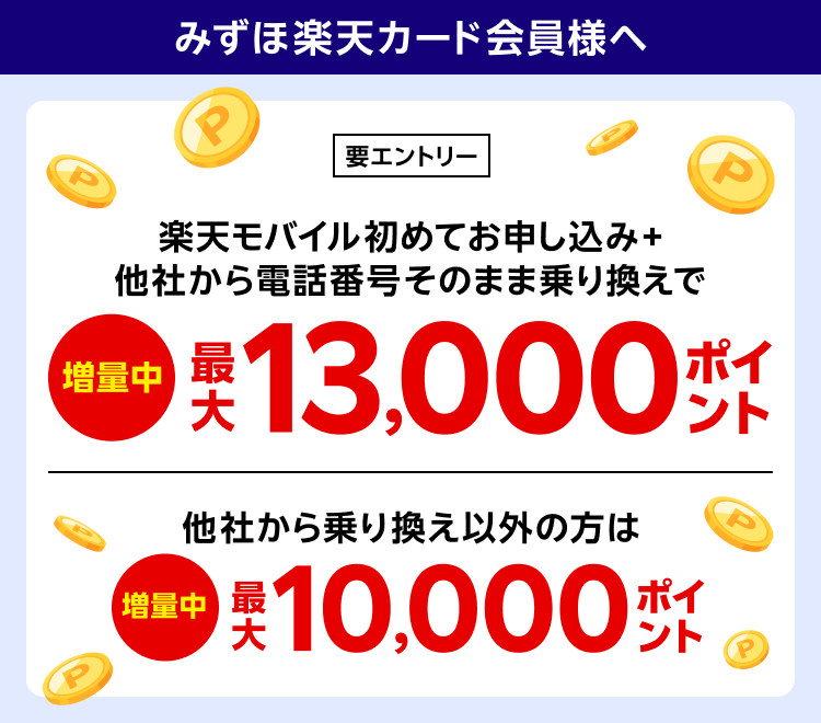 みずほ楽天カード会員様へ 要エントリー 楽天モバイル初めてお申し込み＋他社から電話番号そのまま乗り換えで最大13,000ポイント 他社から乗り換え以外の方は最大10,000ポイント
