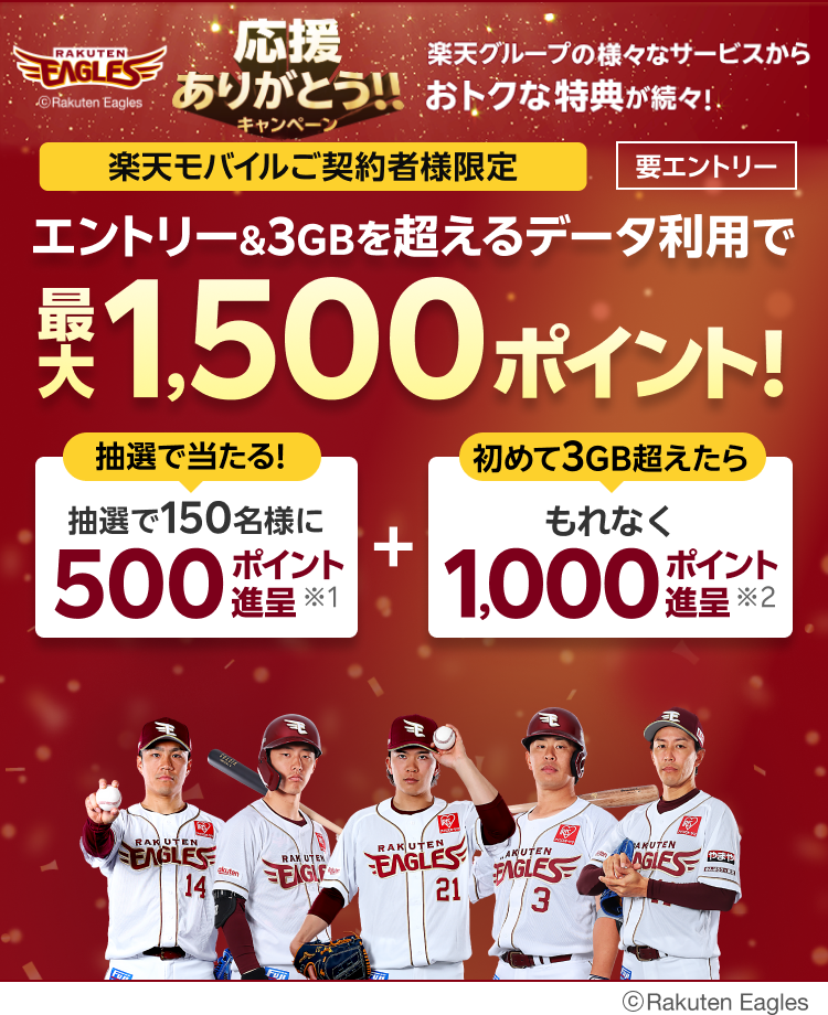 楽天イーグルス 応援ありがとう！！キャンペーン 楽天モバイルご契約者様限定 要エントリー エントリー＆3GBを超えるデータ利用で 最大1,500ポイント！抽選で当たる!抽選で150名様に500ポイント進呈※1 ＋ 初めて3GB超えたらもれなく1,000ポイント進呈※2 ©Rakuten Eagles