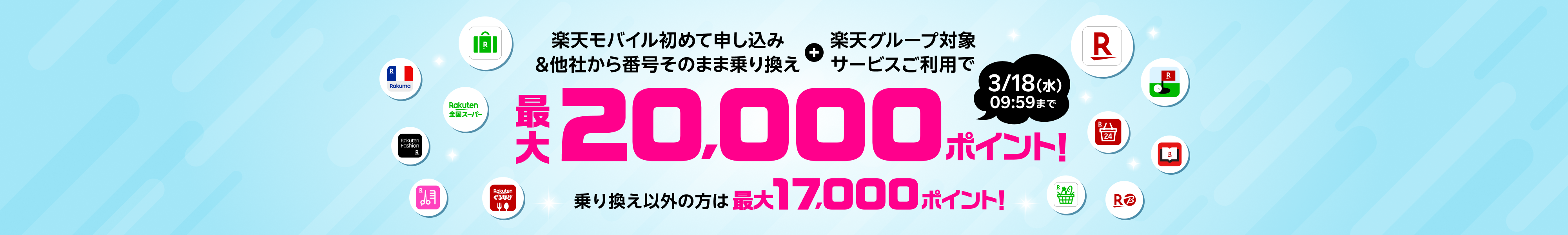 楽天モバイル初めて申し込み&対象サービスご利用で最大20,000ポイント進呈