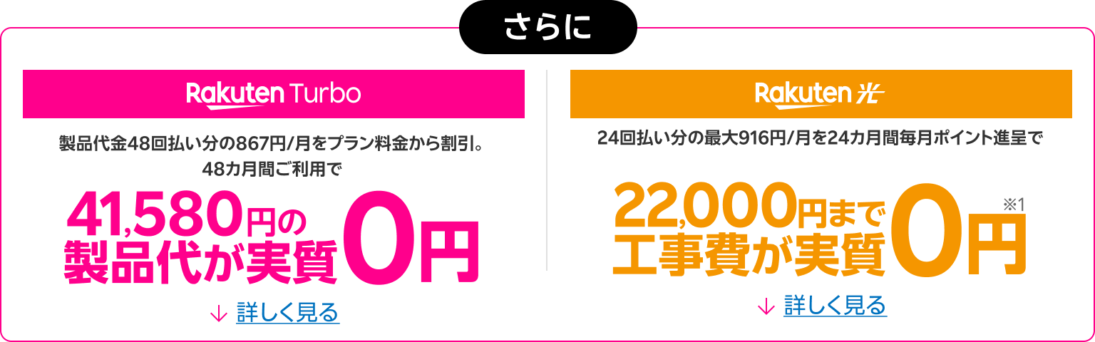 Rakuten Turbo 製品代48回払い分の867円/月をプラン料金から割引 48カ月間のご利用で製品代(41,580円)実質0円 楽天ひかり 22,000円まで工事費実質0円