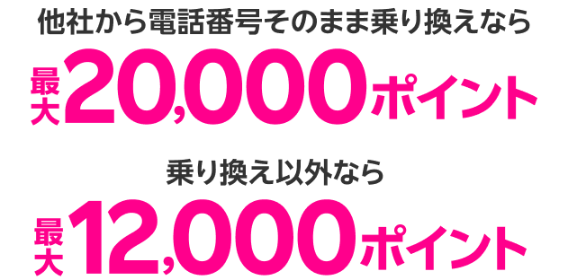 他社から電話番号そのまま乗り換えなら最大20,000ポイント 乗り換え以外なら最大12,000ポイント