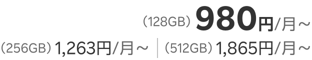 (128GB)980円/月〜 (256GB)1,263円/月〜 (512GB)1,865円/月〜