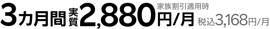 3カ月間実質2,880円/月 家族割引適用時 税込3,168円/月