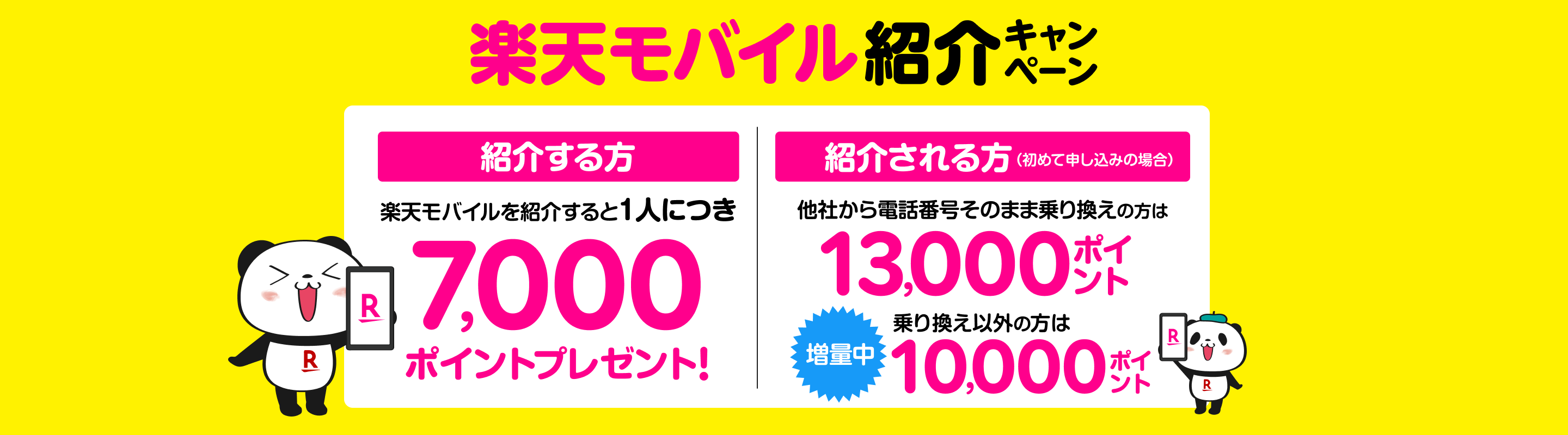楽天モバイル紹介キャンペーン！楽天モバイルを紹介すると1人につき7,000ポイントプレゼント、紹介される方（初めて申し込み）は、他社から電話番号そのまま乗り換えの場合13,000ポイントプレゼント、乗り換え以外の場合10,000ポイント
