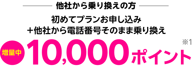 他社から乗り換えの方は、初めてプランお申し込み+他社から電話番号そのまま乗り換えで10,000ポイント※1