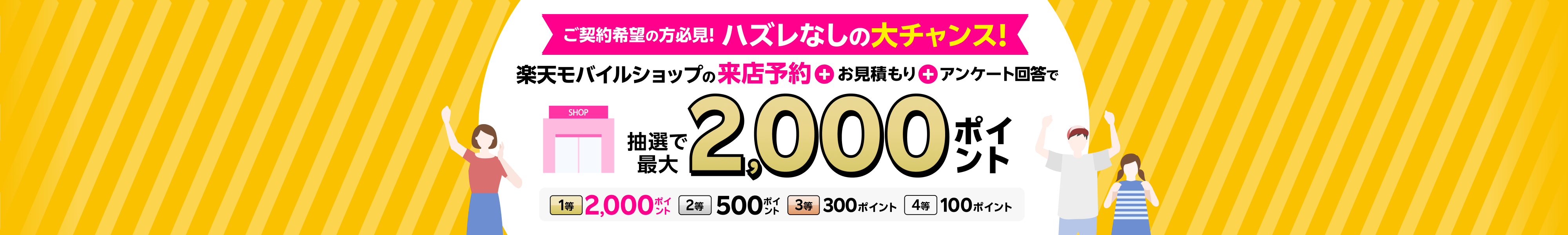ハズレなし!楽天モバイルショップの来店予約をして、店頭でお見積もりとアンケートにご回答いただくと抽選で最大2,000ポイントプレゼント!