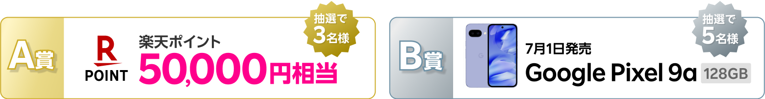 A賞楽天ポイント50,000円相当抽選で3名様。B賞7月1日発売Google Pixcel 9a 128GB抽選で5名様。