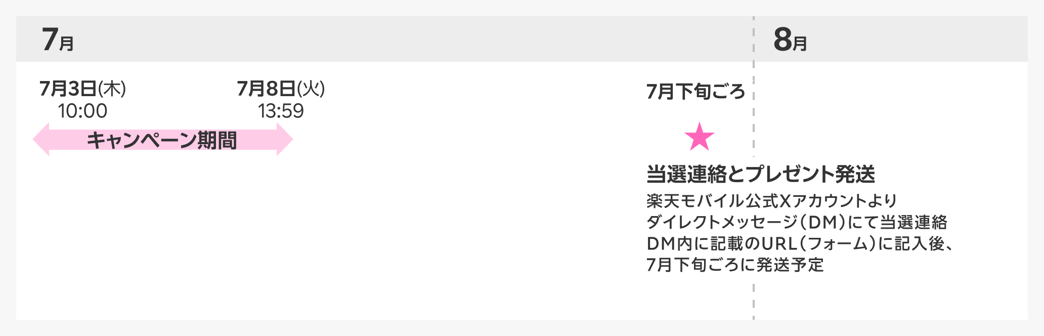 キャンペーン期間 7月3日(火)10:00〜7月8日(火)13:59  当選のご連絡 7月下旬ごろ 楽天モバイル公式Xアカウントよりダイレクトメッセージ（DM）にて当選連絡 ※発送情報の記入 ダイレクトメッセージ（DM）内に記載のURL（フォーム）より申請が必要となります A賞の楽天ポイント５００００円相当は、ポイントは進呈日から6カ月後の月末までの期間限定ポイントですB賞のGoogle Pixcel 9a 128GBは、7月下旬ごろに配送予定です。