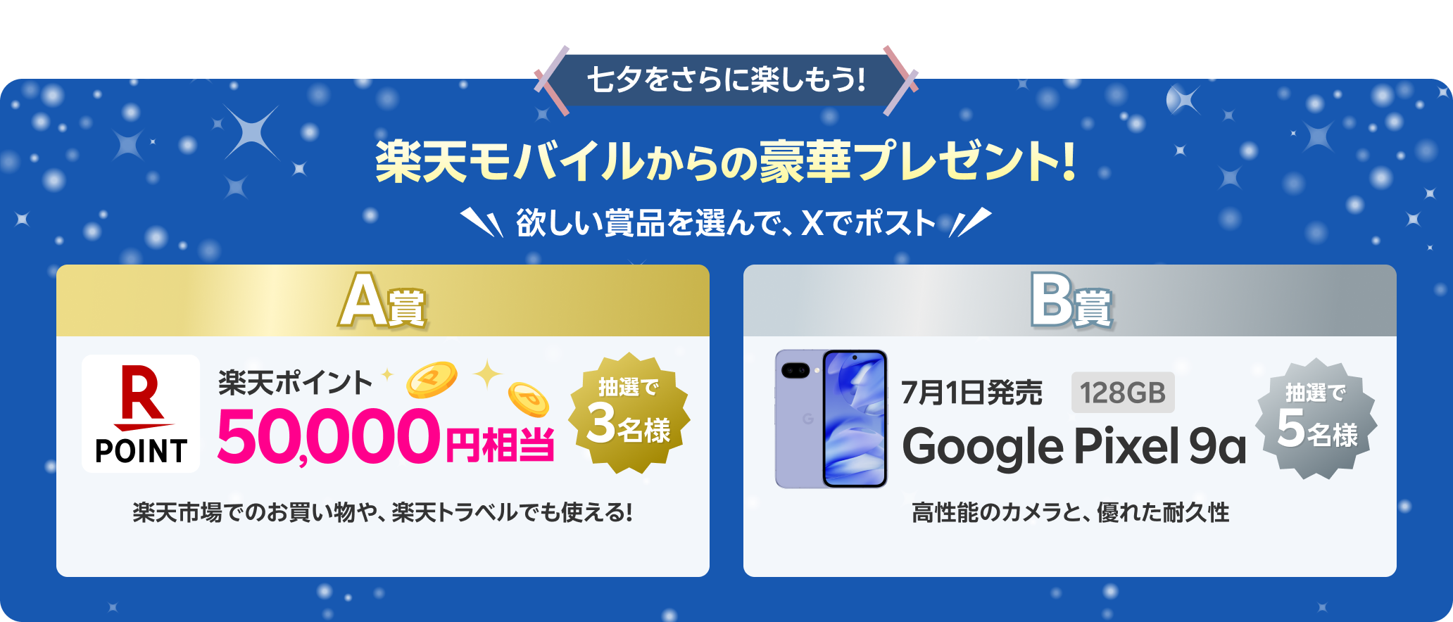 七夕をさらに楽しもう！楽天モバイルからの豪華プレゼント！欲しい賞品を選んで、Xでポスト！A賞、抽選で3名様に楽天ポイント５００００円相当をプレゼント楽天市場でのお買い物や、楽天トラベルでも使える B賞、抽選で5名様に7月1日発売のGoogle Pixel 9a 128GBをプレゼント！高機能なカメラワークと優れた耐久性が特徴です！詳細はこちらをクリック
