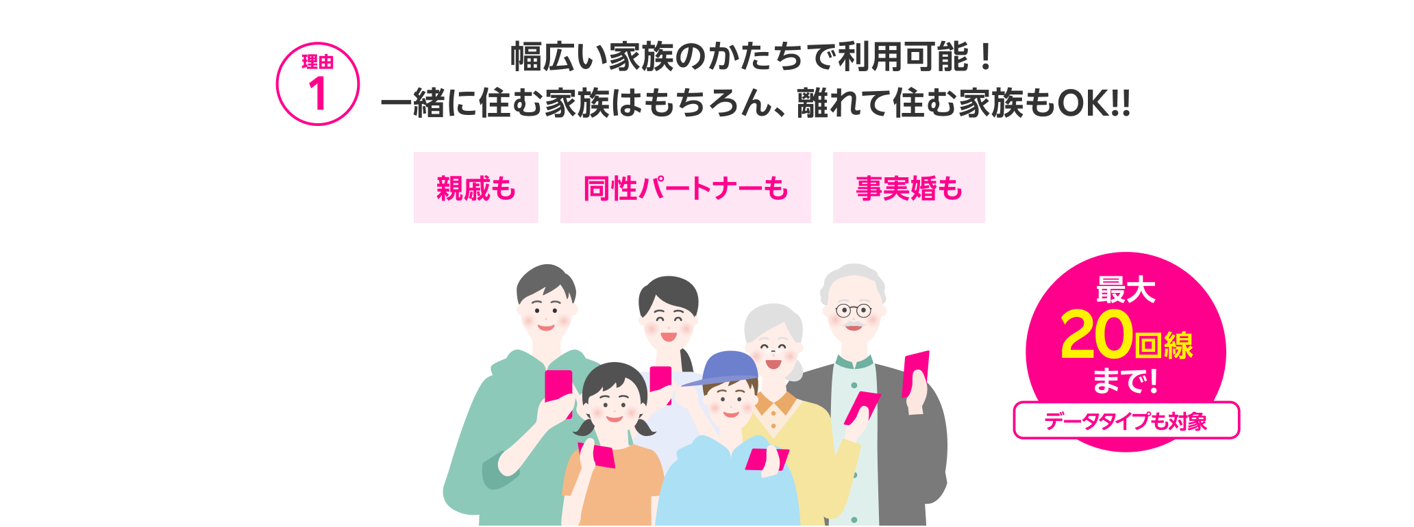 一緒に住む家族はもちろん、離れて住む家族も対象！最大20回線までOK!! データタイプも対象