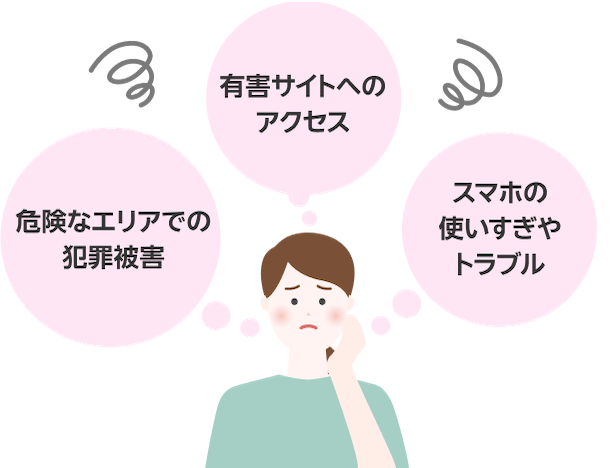 子どものスマホデビューの心配「有害サイトへのアクセス」「危険なエリアでの犯罪被害」「スマホの使いすぎやトラブル」
