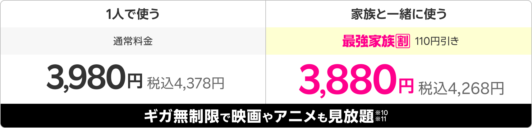 月額3,980円(税込4,378円)でギガ無制限で映画やアニメも見放題!※10※11さらに最強家族割適用で110円引き。
