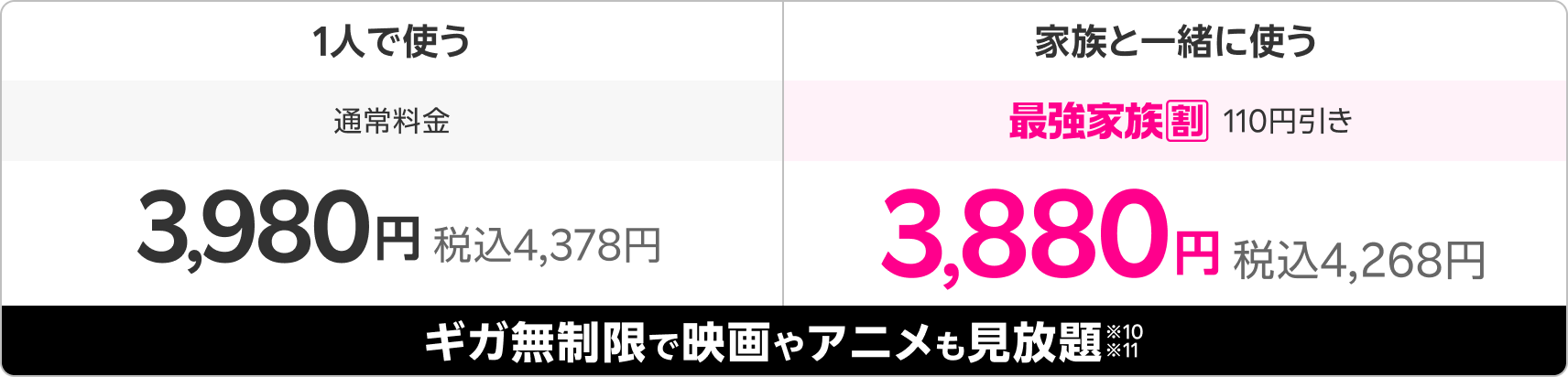 月額3,980円（税込4,378円）でギガ無制限で映画やアニメも見放題！※10※11さらに最強家族割適用で110円引き。