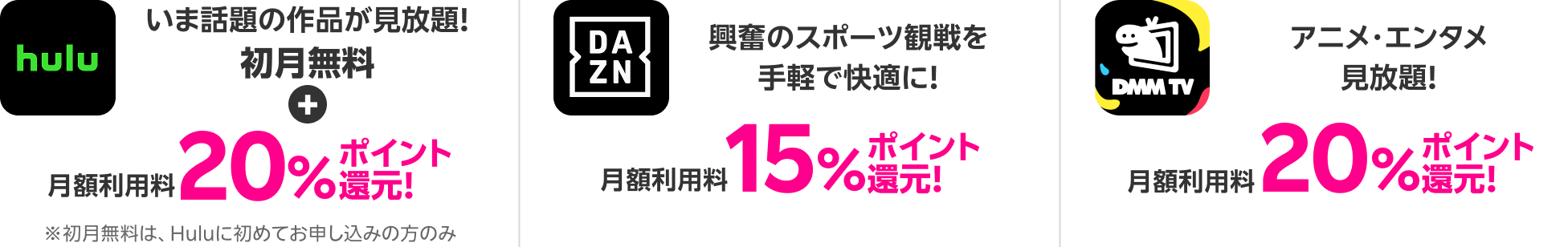 Hulu いま話題の作品が見放題！初月無料+月額利用料20%ポイント還元！ DAZN 興奮のスポーツ観戦を手軽で快適に！月額利用料15%ポイント還元！DMMプレミアム アニメ・エンタメ見放題！月額利用料20%ポイント還元！