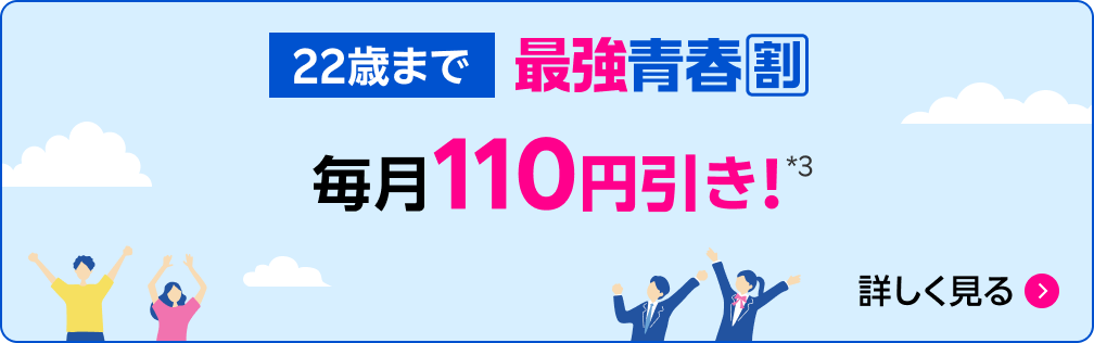 22歳まで 最強青春割 毎月110円引き!*3 詳しく見る