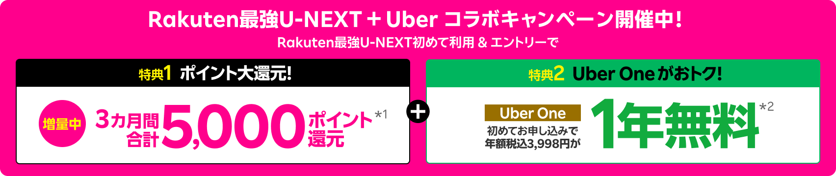 Rakuten 最強U-NEXTはギガ無制限で映画もアニメも見放題のプラン! Rakuten最強U-NEXT + Uber コラボキャンペーン開催中 3カ月間合計5,000ポイント還元、Uber One 初めて申し込みで年額税込3,998円が1年無料