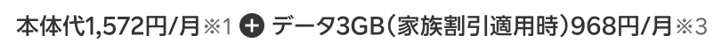 本体代1,572円/月※1+データ3GB（家族割引適用時）968円/月※3