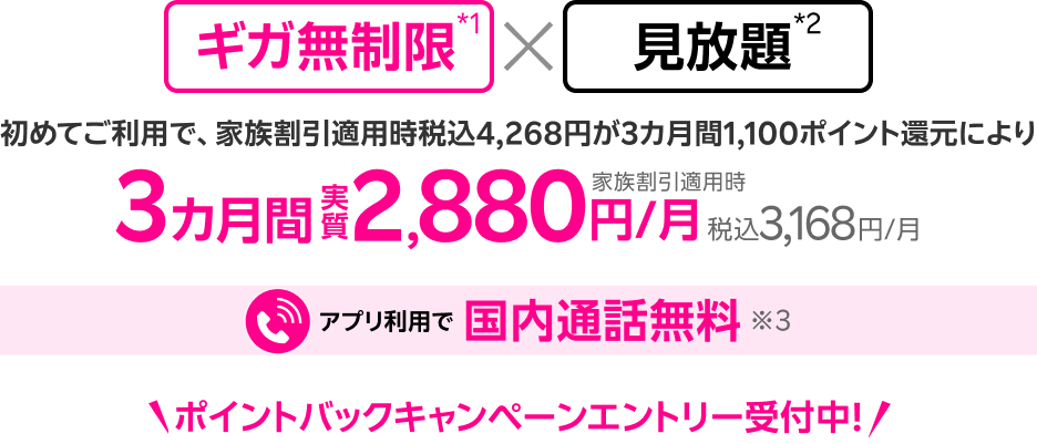 ギガ無制限*1 見放題*2 初めてご利用で、家族割引適用時税込4,268円が3カ月間1,100ポイント還元により 家族割引適用時 3カ月間 実質2,880円/月 税込3,168円/月 アプリ利用で国内通話無料※3 ポイントバックキャンペーンエントリー受付中!