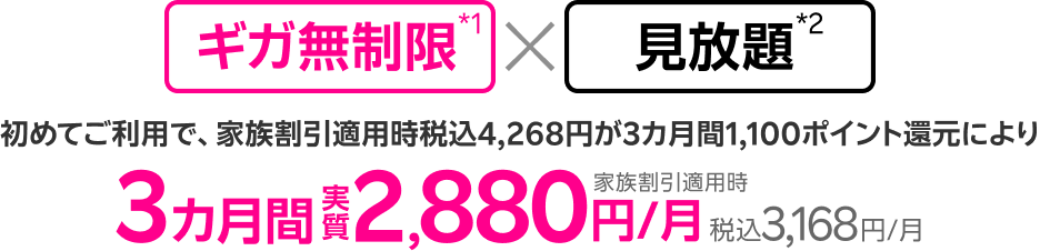 ギガ無制限*1 見放題*2 初めてご利用で、家族割引適用時税込4,268円が3カ月間1,100ポイント還元により 家族割引適用時 3カ月間 実質2,880円/月 税込3,168円/月