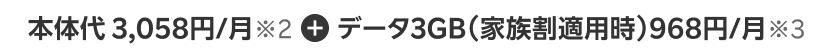 本体代 3,058円/月※2 + データ3GB（家族割引適用時）968円/月※3