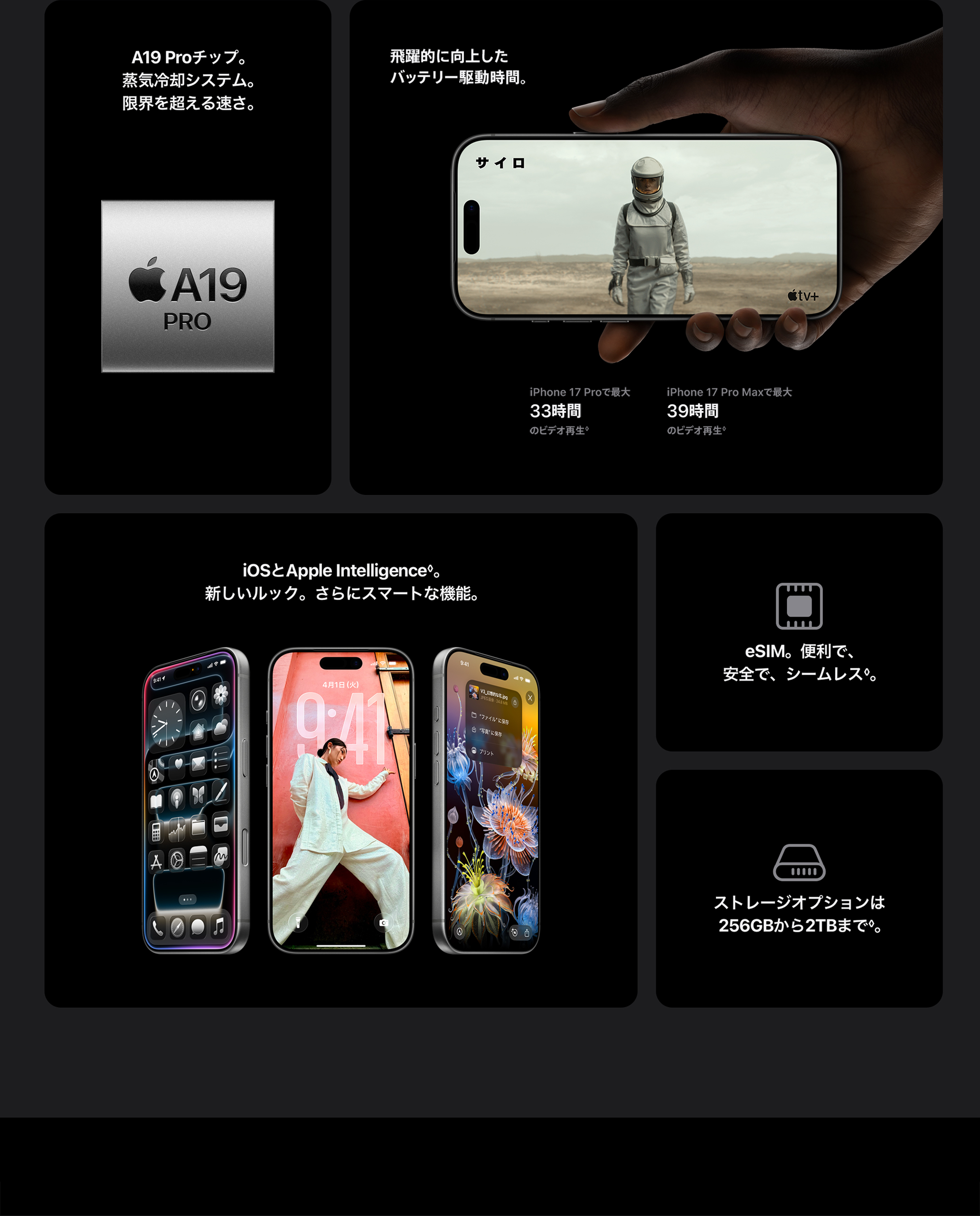 A19 Proチップ。 / 飛躍的に向上したバッテリー駆動時間。 / iOSとApple Intelligence。 / eSIM。 / ストレージオプションは256GBから2TBまで。