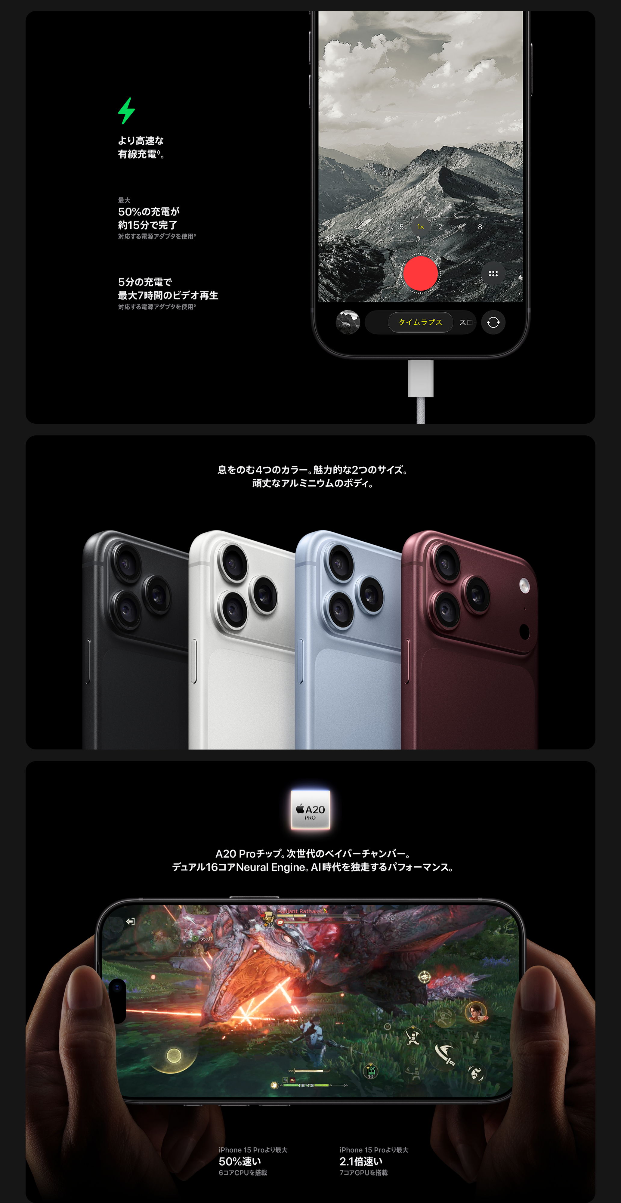 より高速な有線充電◊免責事項を参照。 / 息をのむ4つのカラー。魅力的な2つのサイズ。頑丈なアルミニウムのボディ。 / A20 Proチップ。次世代のベイパーチャンバー。デュアル16コアNeural Engine、AI時代を独走するパフォーマンス。