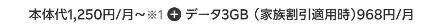 他社から乗り換えで本体代1,250円/月~※1+データ3GB(家族割引適用時) 968円/月※3