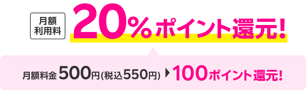 月額利用料20％ポイント還元！月額料金500円(税込550円)から100ポイント還元！