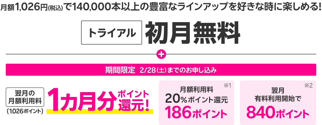 月額1,026円(税込)で140,000本以上の豊富なラインアップを好きな時に楽しめる!初月無料トライアル+翌月の月額利用料1カ月分(1,026ポイント)ポイント還元【期間限定】2/28(土)までのお申し込み。